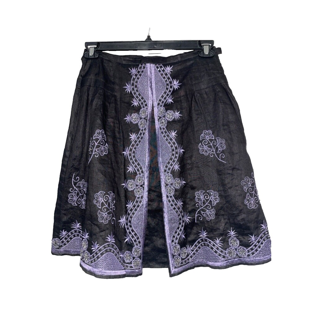 Ann Carson Women's Linen Embellished Embroidered Linen A-Line Midi Skirt size 8P